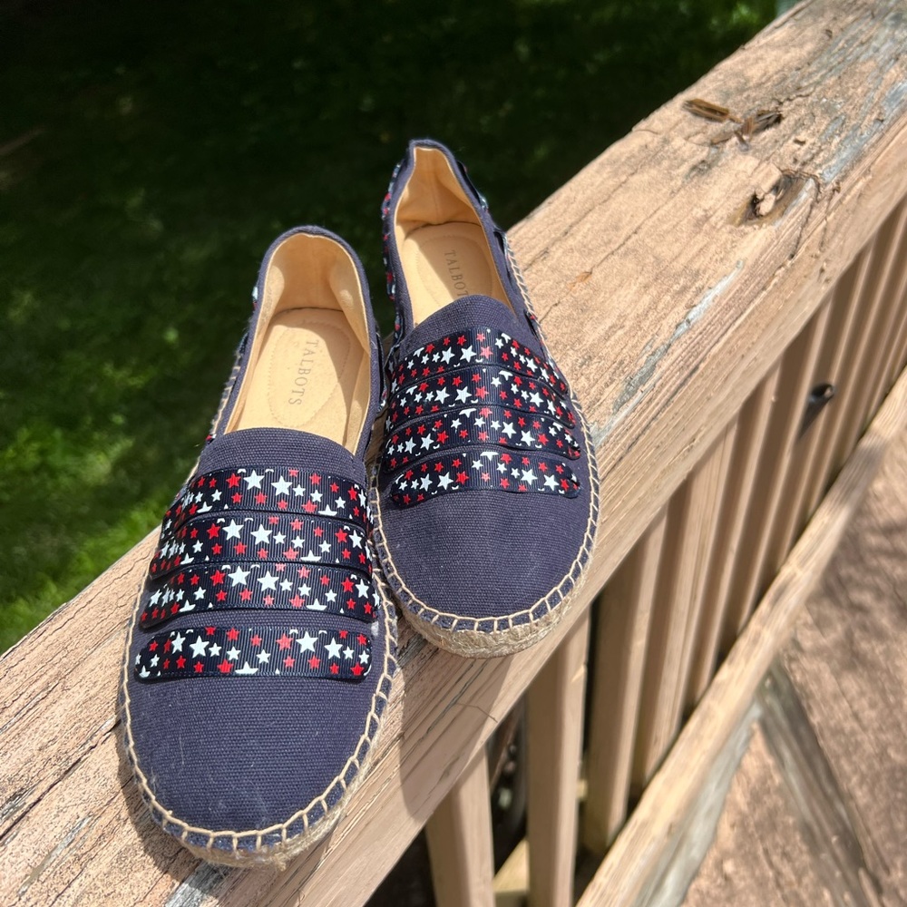 NWT Talbots Fun Patriotic Navy Blue Star Red White Ribbon Espadrilles 11M